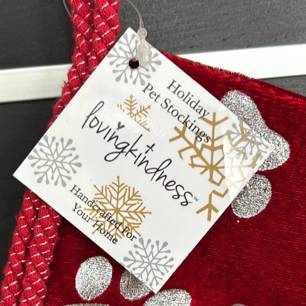 Loving Kindness Pet Stocking Red with Silver Paw Prints and Snowflakes